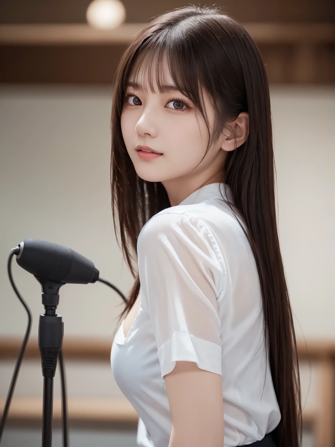 White Shirt、Complex and beautiful eyes、woman、(stand up : 2.0)、Womanly black hair、(Delicate and realistic hair、1 bottle１Realistic hair)、bangs、Natural Color Lip、smile、((White indoor))、indoor、((18歳woman:1.2))、Young and adorable Japanese face, Official Art，Highly detailed CG Unity 8k wallpaper，（masterpiece:1.0),(Best Quality:1.0), 超High resolution,4K,Very detailed, photo shoot, 8k, nffsw, High resolution, Kodak Portrait 400, Film Grain, Lens flare glow,高いest quality,8k,nffsw:1.2),Portrait Shot,8k、Show Viewer, (((Front View))), ((Facing))、Body facing forward、Bold cleavage、Firm breasts、Small face, ((Bare legs))、Highest quality、Super beautiful images, yellow race, (upper body : 2.0)