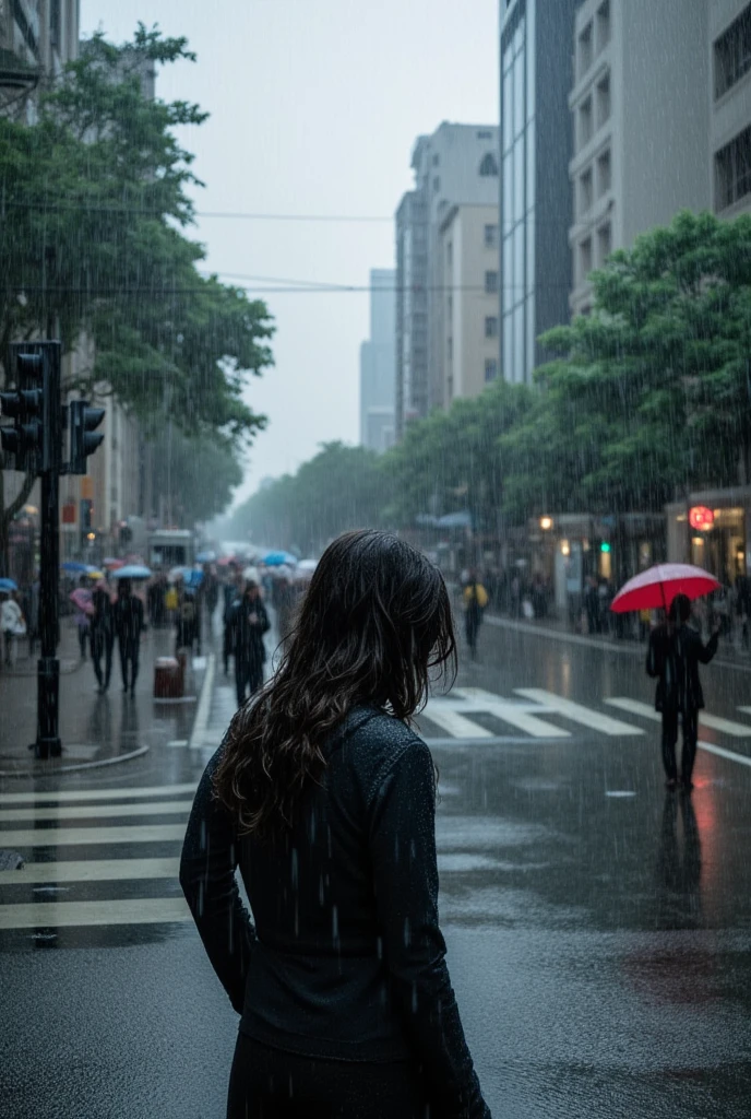 Faceless passerby walking at an intersection, city buildings and traffic lights in the background, woman standing still in the middle of the intersection, looking down and drenched in heavy rain, heavy rain falling on her, passersby with umbrellas around her, looking down, sad expression, no one paying attention to her, soft focus and meditative Capturing mood, urban environment, high detail, realism.