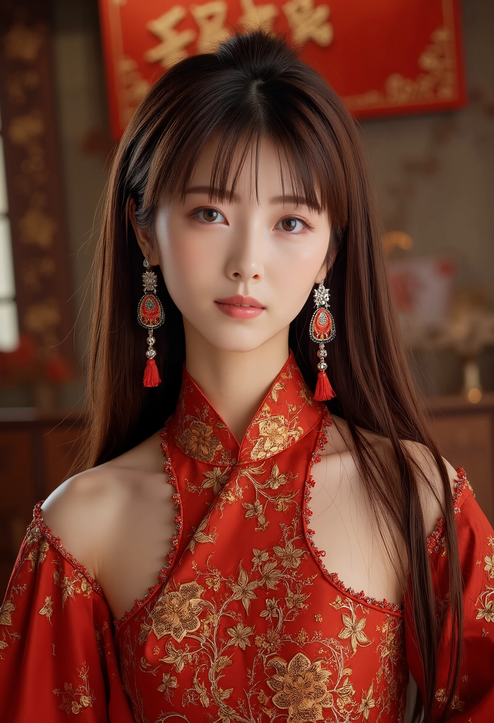 (8k, RAW Photos, Best Quality, masterpiece: 1.2), Super detailed, Super Resolution, (Actual Photos: 1.37), Portraiture,  high-resolution RAW color photo , Professional photos, Official Art,   Highly Detailed CG Unity 8K Wallpaper,  Beautiful East Asian Woman, highly detailed faces,  very detailed eyes , Highly detailed skin, Very elaborate nose, Highly detailed mouth,  Perfect Anatomy, Highly detailed background,  Highly detailed clothing, Realistic body, White skin, Glowing Skin,, Brown Hair, Long Hair, (Short bangs:1.2), A faint smile, Realistic Face, Bold outfit design, Earrings,  staring at the camera ,  cowboy shot, Standing posture, Dynamic Lighting,