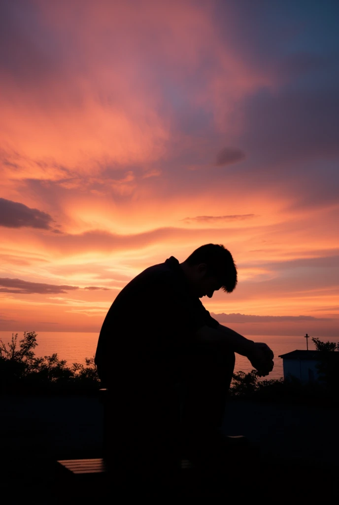 Beautiful sunset, shadow of a man sitting on a bench, he is slumped in distress