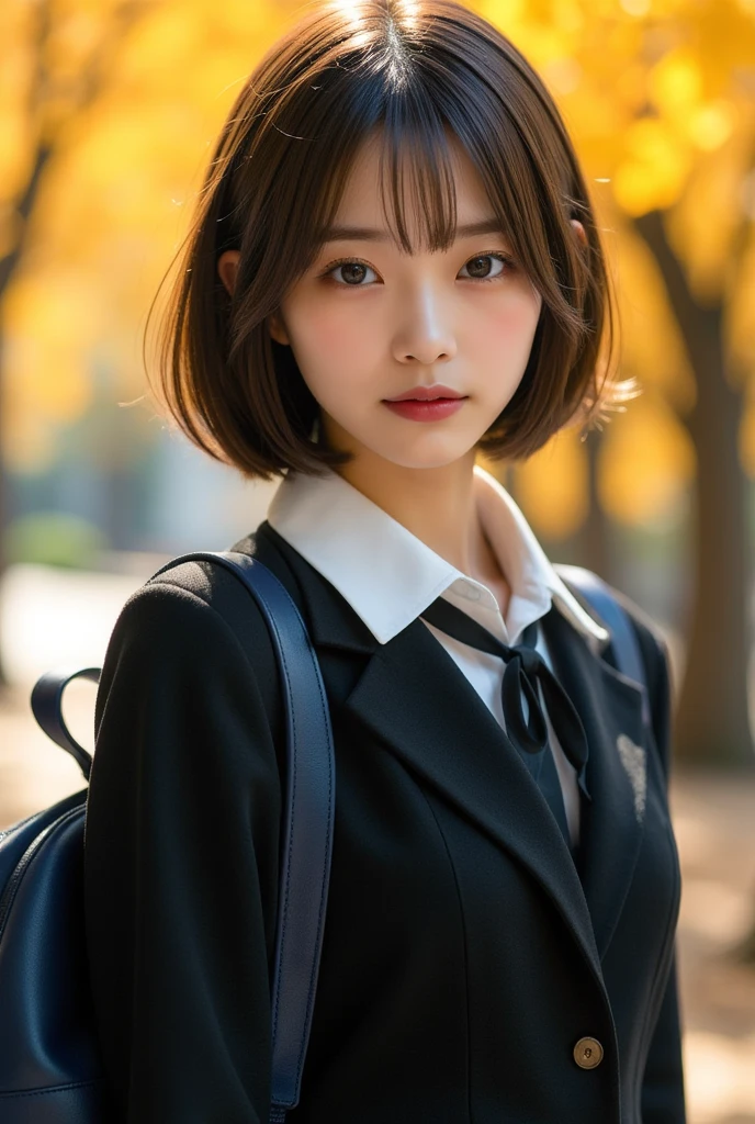  be careful when browsing :-2, Cute school girl photos,  Supermodels, Further face up , Realistic, Beautiful woman face,  staring straight at the camera :1.37, , Realistic, 非常にRealisticな写真, standing,  Perfect Anatomy:1.21, Small head:1.21, Thin lips:1.5, Close your lips, Portrait of a Japanese woman:1.21, Sober uniform, Blazer Uniform, Blazers from famous high schools in the city, Black Blazer, White collar shirt:1.21, Loop Ribbon:1.21, black pleated skirt :1.21,  carrying a dark blue school backpack , Brown Hair:1.21 , Bob Cut Hair:1.21, Cute Japanese Women:1.21, Beautiful Japanese woman&#39;s face:1.21, Symmetrical eyes, Sharp eyebrows:1.37, Detailed face, White skin:1.21, Fine skin, Glowing Skin:1.21,  natural light illuminates her :1.37,  blurred background of autumn ginkgo trees , Based on warm colors :1.37, Silky Screen,  nostalgic photo ,  dynamic and cinematic lighting shines in,