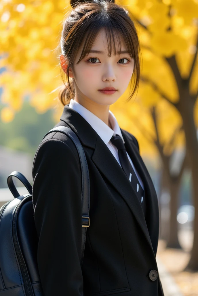  be careful when browsing :-2, Cute school girl photos,  Supermodels, Further face up , Realistic, Beautiful woman face,  staring straight at the camera :1.37, , Realistic, 非常にRealisticな写真, standing,  Perfect Anatomy:1.21, Small head:1.21, Thin lips:1.5, Close your lips, Portrait of a Japanese woman:1.21, Sober uniform, Blazer Uniform, Blazers from famous high schools in the city, Black Blazer, White collar shirt:1.21, Loop Ribbon:1.21, black pleated skirt :1.21,  carrying a dark blue school backpack , Brown Hair:1.21 ,  chignon hair :1.21, Cute Japanese Women:1.21, Beautiful Japanese woman&#39;s face:1.21, Symmetrical eyes, Sharp eyebrows:1.37, Detailed face, White skin:1.21, Fine skin, Glowing Skin:1.21,  natural light illuminates her :1.37,  blurred background of autumn ginkgo trees , Based on warm colors :1.37, Silky Screen,  nostalgic photo ,  dynamic and cinematic lighting shines in,