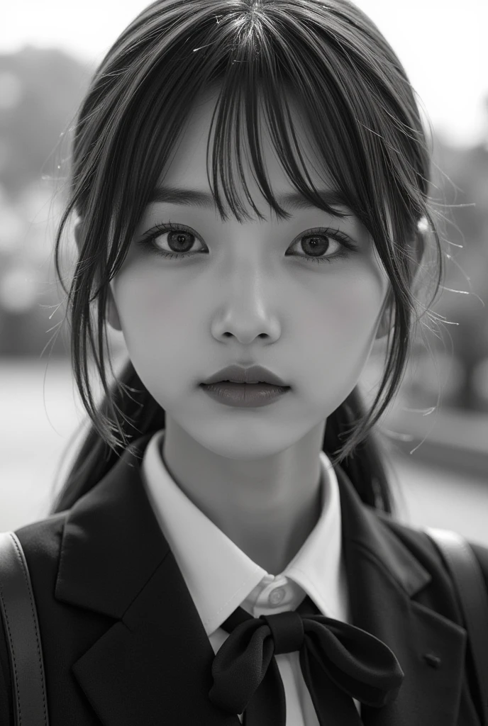  be careful when browsing :-2, Monochrome photo of a retro schoolgirl, close up, Realistic, Beautiful woman face,  staring straight at the camera :1.37, Black and White Photography:1.37, Black and White Photography:1.37, Realistic, 非常にRealisticな写真, standing,  Perfect Anatomy:1.21, Small head:1.21, Thin lips:1.5, Close your lips, Portrait of a Japanese woman:1.21, Sober uniform, Blazer Uniform, Blazers from famous high schools in the city, Black Blazer, White collar shirt:1.21, Loop Ribbon:1.21, black pleated skirt :1.21,  carrying a school backpack based on warm colors , Black Hair , Low ponytail hair, Cute Japanese Women:1.21, Beautiful Japanese woman&#39;s face:1.21, Symmetrical eyes, Sharp eyebrows:1.37, Detailed face, White skin:1.21, Fine skin, Glowing Skin:1.21,  natural light illuminates her :1.37,  blurred background of autumn ginkgo trees , やさしい Black and White Photography :1.37, レトロな Black and White Photography :1.37, Silky Screen,  nostalgic photo ,  dynamic and cinematic lighting shines in,