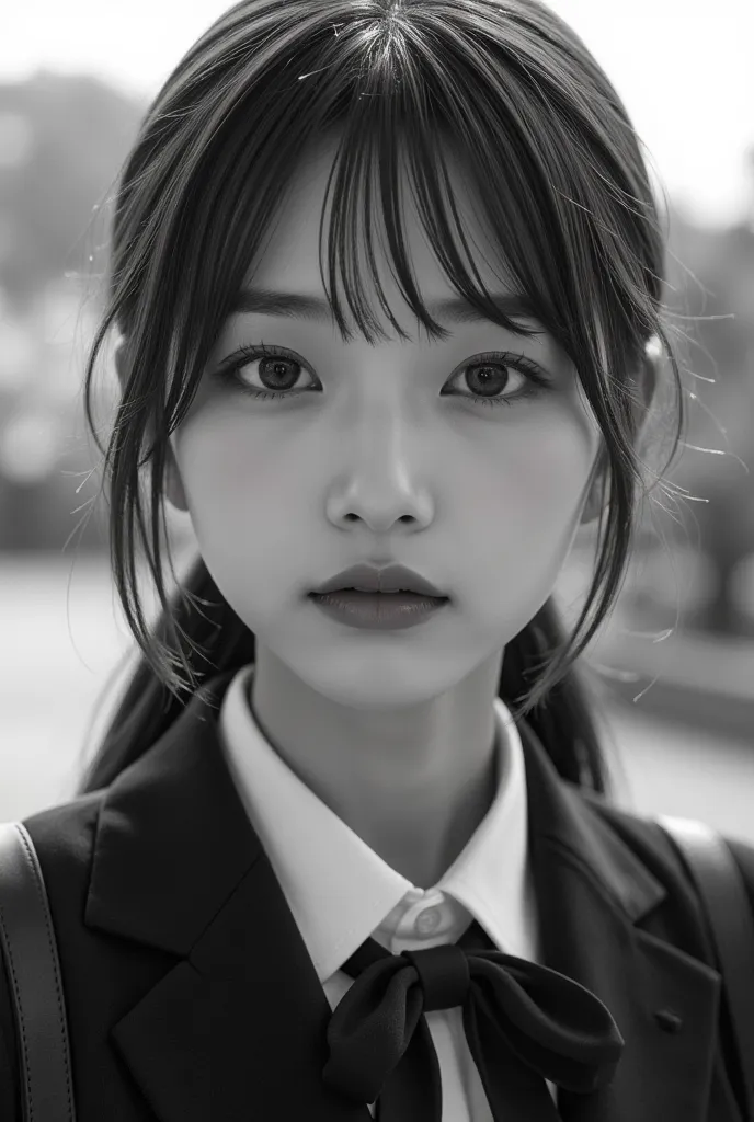 be careful when browsing :-2, monochrome photo of a retro schoolgirl, close up, realistic, beautiful woman face,  staring straig...