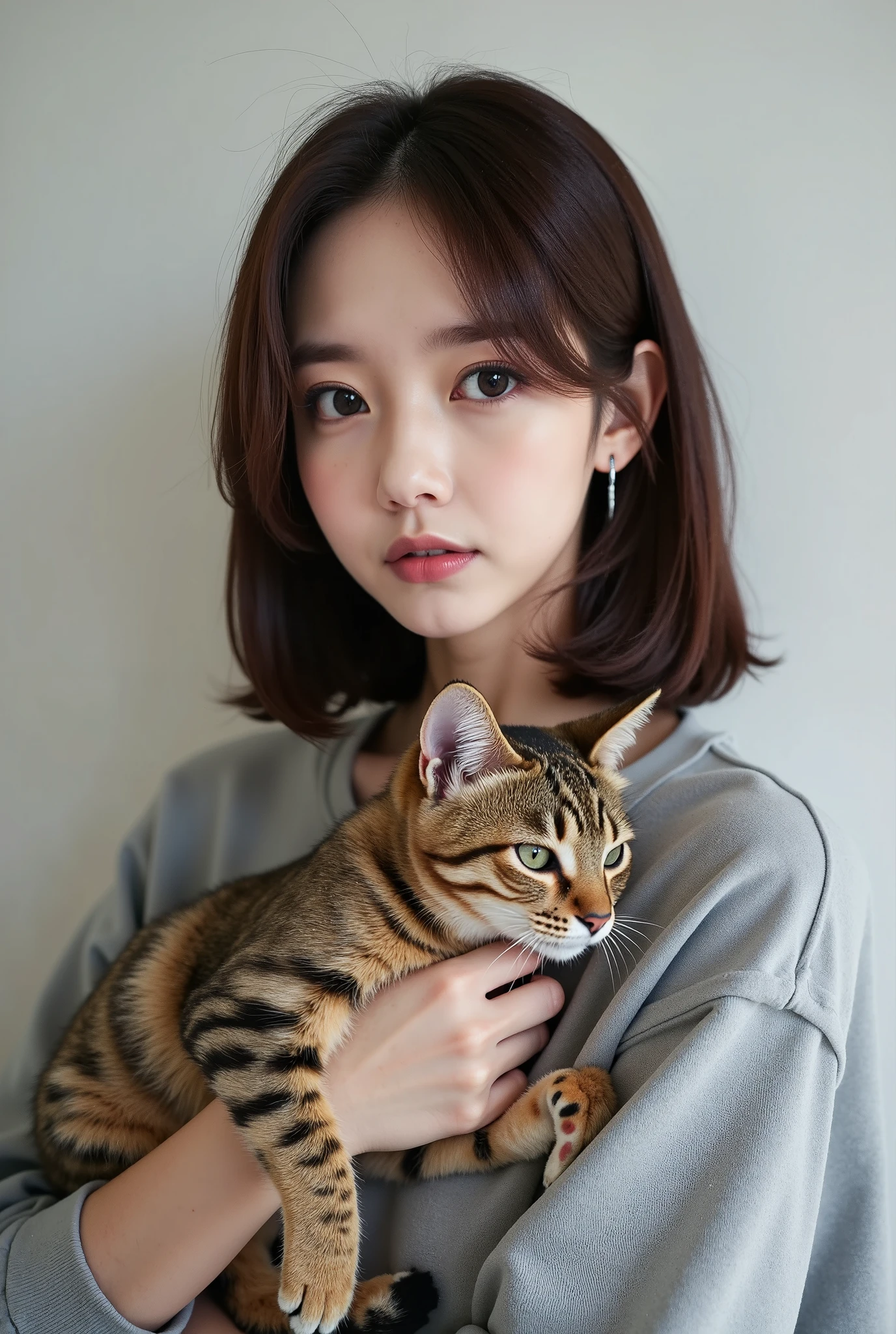 （woman holding a cat）、one large mixed-breed tabby cat、korean idol、20d, casual bob hair, rough clothes、wearing a large sweatshirt、Innocent look、beautiful face、perfect face、korean girl、cute face、beautiful face、（Drooping eyes）、Eyes a little farther away、thin lips、brown hair、casual bob hair、earrings、inside the room、whole body、detailed facial features、detailed eyes、atmospheric lighting、The background is a white wall、Kodak Portra 800 Film SMC Takumar 35mm F/ 2. 8 c 50、In 2018