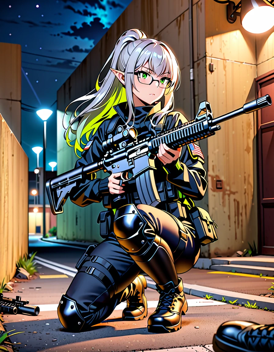 masterpiece, Best Quality, high res, 8k, Alone,  solo focus ,  Supermodels, Elf、Glasses，Beautiful silver hair、Long Hair, Ponytail Hair, lime green eyes,   beautifully detailed eyes kept in the car ,  black tactical equipment , Black Uniform,  black pants ,  matching combat boots, Knee pads,  using an AR-15 rifle , Kneel, Lean, Against the wall,  spying , Look away,  depth of coverage, medium breasts,  Perfect Anatomy,  hyperrealism, US military base ,  searchlight , night, Outdoor, perspective, Cinema Lighting,  cowboy shot, Fix your hands