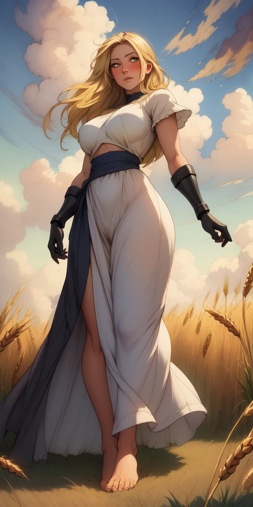 stunning painting of a knight with blonde hair, wheat field, epic clouds ((painterly)) ((impressionist)) vibrant, soft edges (((warm glow))) full body whole body view from below 1sologirl, feet together