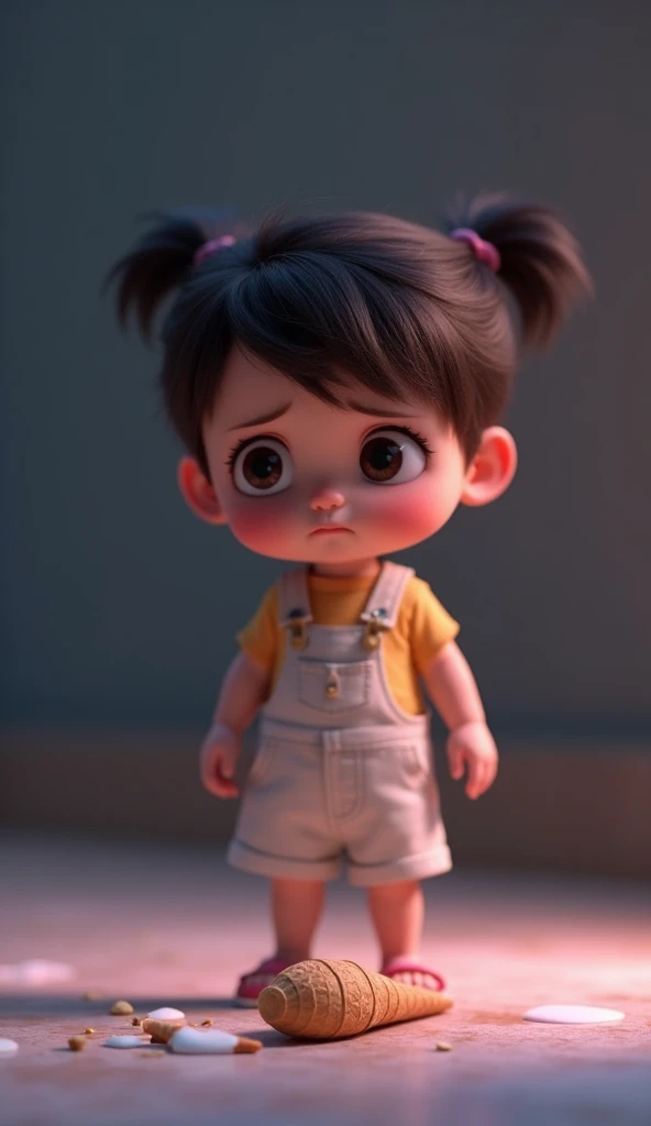 a  dropping an ice cream on ground and stand above it, very sad expression, almost in tears, disney pixar style, somber mood, photorealistic, 8k, highly detailed,beautiful detailed eyes,beautiful detailed lips,extremely detailed eyes and face,long eyelashes,dramatic lighting,soft pastel colors,moody atmosphere