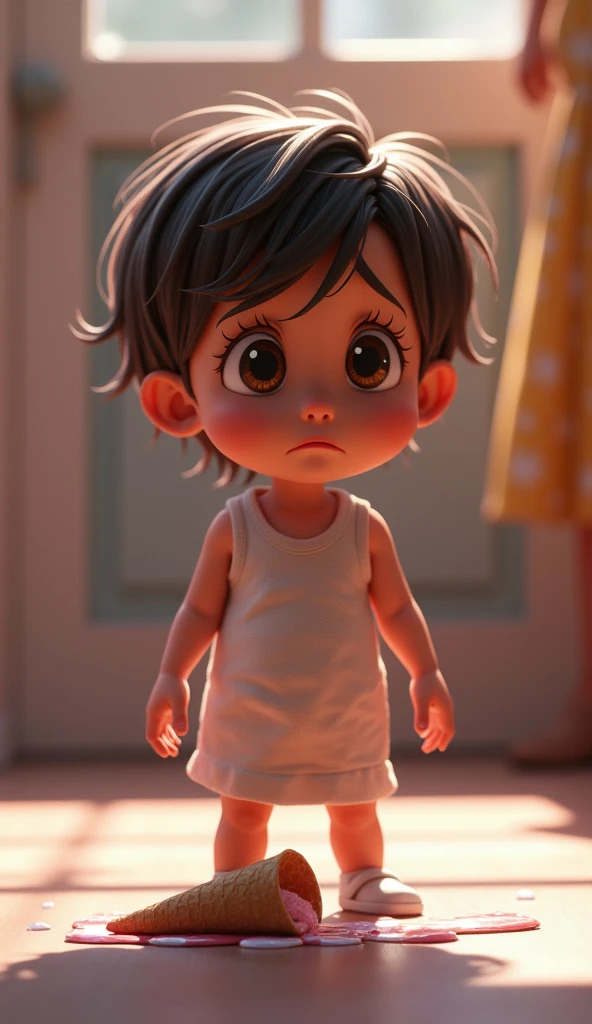 a  dropping an ice cream on ground and stand above it, very sad expression, almost in tears, disney pixar style, somber mood, photorealistic, 8k, highly detailed,beautiful detailed eyes,beautiful detailed lips,extremely detailed eyes and face,long eyelashes,dramatic lighting,soft pastel colors,moody atmosphere