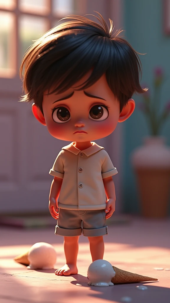 a  dropping an ice cream on ground and stand above it, very sad expression, almost in tears, disney pixar style, somber mood, photorealistic, 8k, highly detailed,beautiful detailed eyes,beautiful detailed lips,extremely detailed eyes and face,long eyelashes,dramatic lighting,soft pastel colors,moody atmosphere