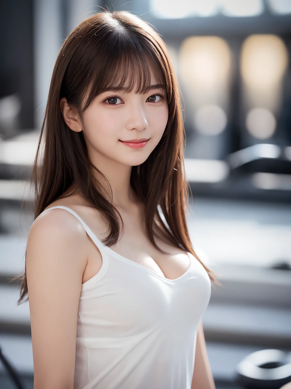  white t-shirt、Complex and beautiful eyes, woman, (stand up : 2.0)、Womanly black hair、(Delicate and realistic hair、1 bottle１Realistic hair)、bangs, Natural Color Lip、(Smile with closed mouth : 1.3)、(White indoor : 1.4)、((18歳woman:1.2))、Young and adorable Japanese face, Official Art, Highly detailed CG Unity 8k wallpaper，（masterpiece:1.0),(Best Quality:1.0), 超High resolution,4K,Very detailed, photo shoot, 8k, nsfw, High resolution, Kodak Portrait 400, Film Grain, Lens flare glow, 高いest quality, 8k ,Portrait Shot, 8k、Show Viewer, (Front View : 1.5), ((Facing))、Body facing forward, Bold cleavage, Firm breasts, Small face, Highest quality, Super beautiful images, yellow race, (upper body : 2.0), (Large firm breasts : 1.1)