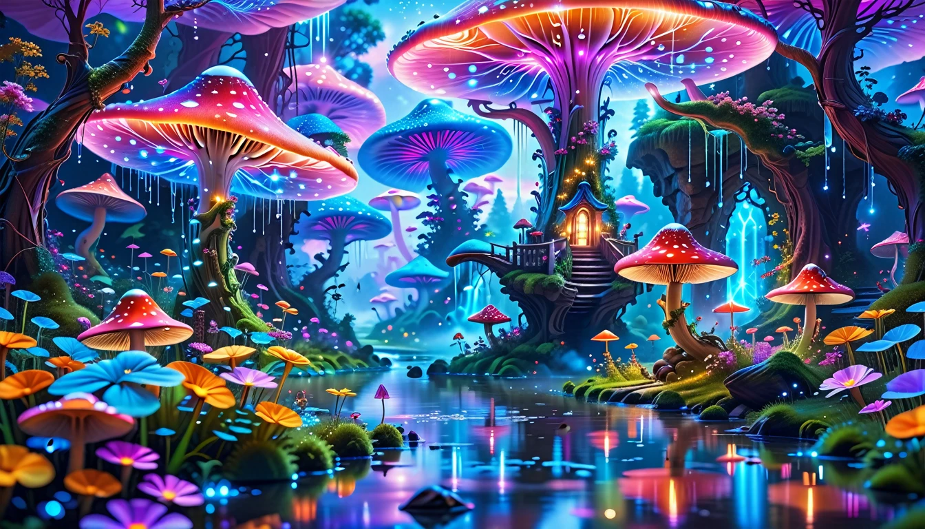 A Masterpiece In 32K Resolution, Supreme Quality, Super-Detailed, Official Art. A Dreamlike Fantasy Landscape, Where Giant Mushrooms Tower Over A Sparkling Stream. Colorful Fairies Dance Among The Flowers, And A Rainbow Arches Across The Sky, Adding To The Enchantment Of This Magical Realm. A Dragon Weaves Between The Mushrooms, Adding A Touch Of Whimsy To The Scene. The Entire Scene Is Bathed In A Cold, Ethereal Glow.