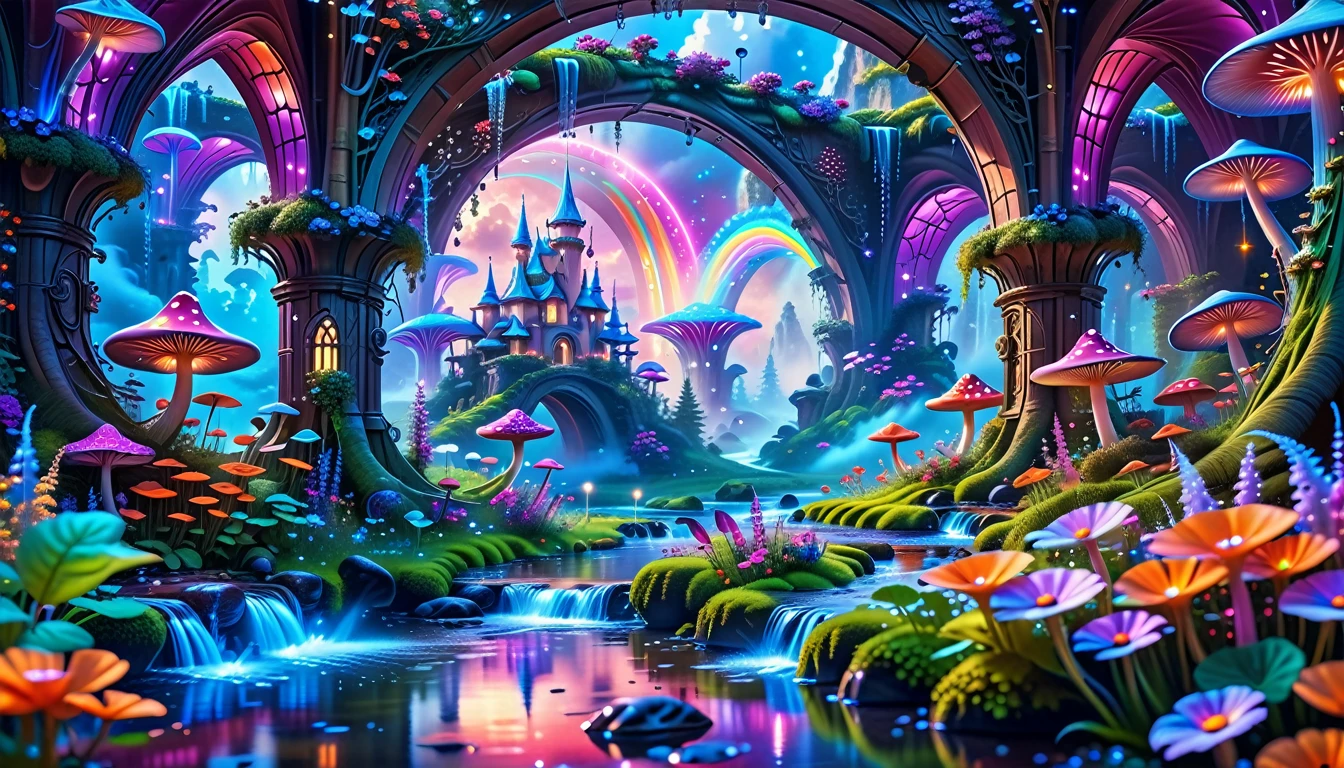 A Masterpiece In 32K Resolution, Supreme Quality, Super-Detailed, Official Art. A Dreamlike Fantasy Landscape, Where Giant Mushrooms Tower Over A Sparkling Stream. Colorful Fairies Dance Among The Flowers, And A Rainbow Arches Across The Sky, Adding To The Enchantment Of This Magical Realm. A Dragon Weaves Between The Mushrooms, Adding A Touch Of Whimsy To The Scene. The Entire Scene Is Bathed In A Cold, Ethereal Glow.