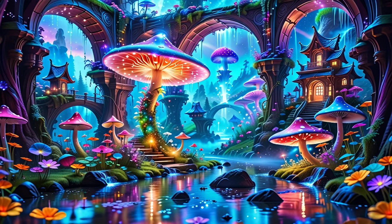 A Masterpiece In 32K Resolution, Supreme Quality, Super-Detailed, Official Art. A Dreamlike Fantasy Landscape, Where Giant Mushrooms Tower Over A Sparkling Stream. Colorful Fairies Dance Among The Flowers, And A Rainbow Arches Across The Sky, Adding To The Enchantment Of This Magical Realm. A Dragon Weaves Between The Mushrooms, Adding A Touch Of Whimsy To The Scene. The Entire Scene Is Bathed In A Cold, Ethereal Glow.