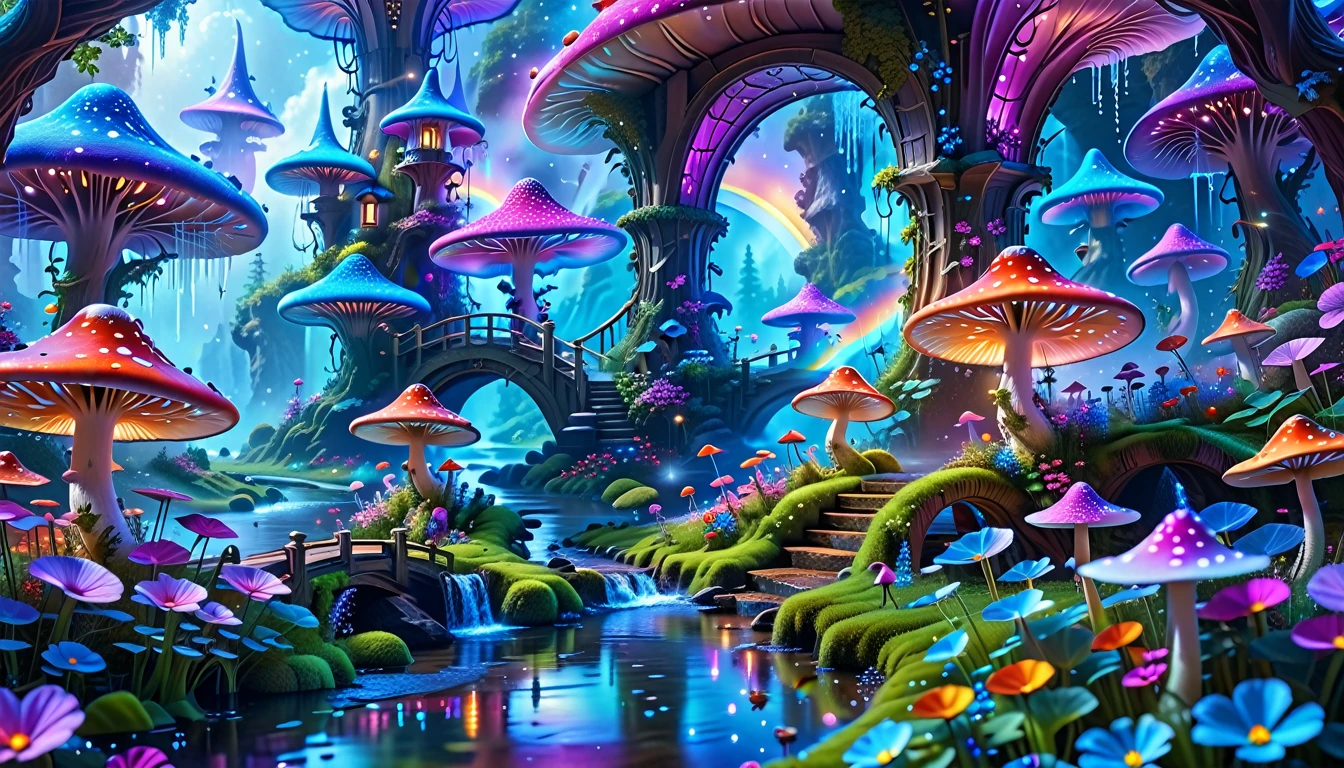 A Masterpiece In 32K Resolution, Supreme Quality, Super-Detailed, Official Art. A Dreamlike Fantasy Landscape, Where Giant Mushrooms Tower Over A Sparkling Stream. Colorful Fairies Dance Among The Flowers, And A Rainbow Arches Across The Sky, Adding To The Enchantment Of This Magical Realm. A Dragon Weaves Between The Mushrooms, Adding A Touch Of Whimsy To The Scene. The Entire Scene Is Bathed In A Cold, Ethereal Glow.