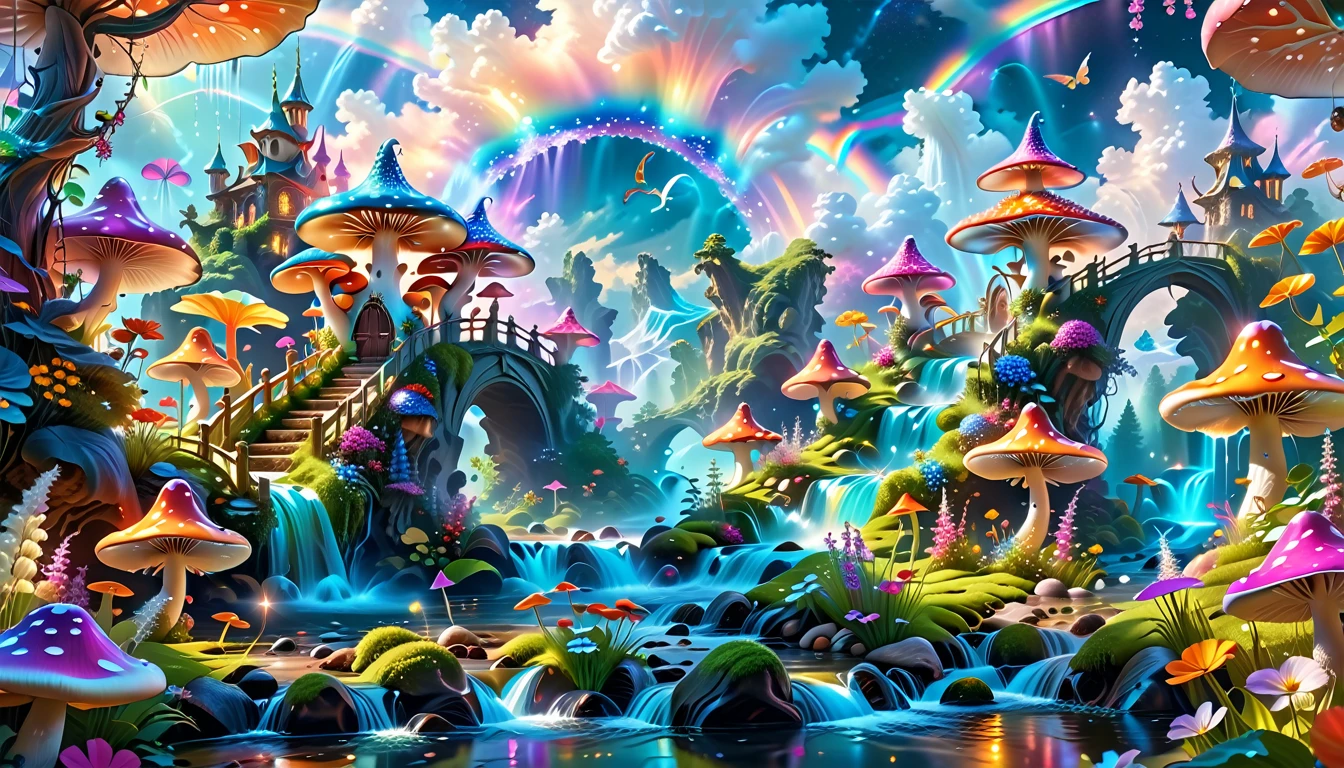 A Masterpiece In 32K Resolution, Supreme Quality, Super-Detailed, Official Art. A Dreamlike Fantasy Landscape, Where Giant Mushrooms Tower Over A Sparkling Stream. Colorful Fairies Dance Among The Flowers, And A Rainbow Arches Across The Sky, Adding To The Enchantment Of This Magical Realm. A Dragon Weaves Between The Mushrooms, Adding A Touch Of Whimsy To The Scene. The Entire Scene Is Bathed In A Cold, Ethereal Glow.