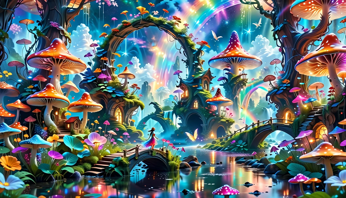 A Masterpiece In 32K Resolution, Supreme Quality, Super-Detailed, Official Art. A Dreamlike Fantasy Landscape, Where Giant Mushrooms Tower Over A Sparkling Stream. Colorful Fairies Dance Among The Flowers, And A Rainbow Arches Across The Sky, Adding To The Enchantment Of This Magical Realm. A Dragon Weaves Between The Mushrooms, Adding A Touch Of Whimsy To The Scene. The Entire Scene Is Bathed In A Cold, Ethereal Glow.