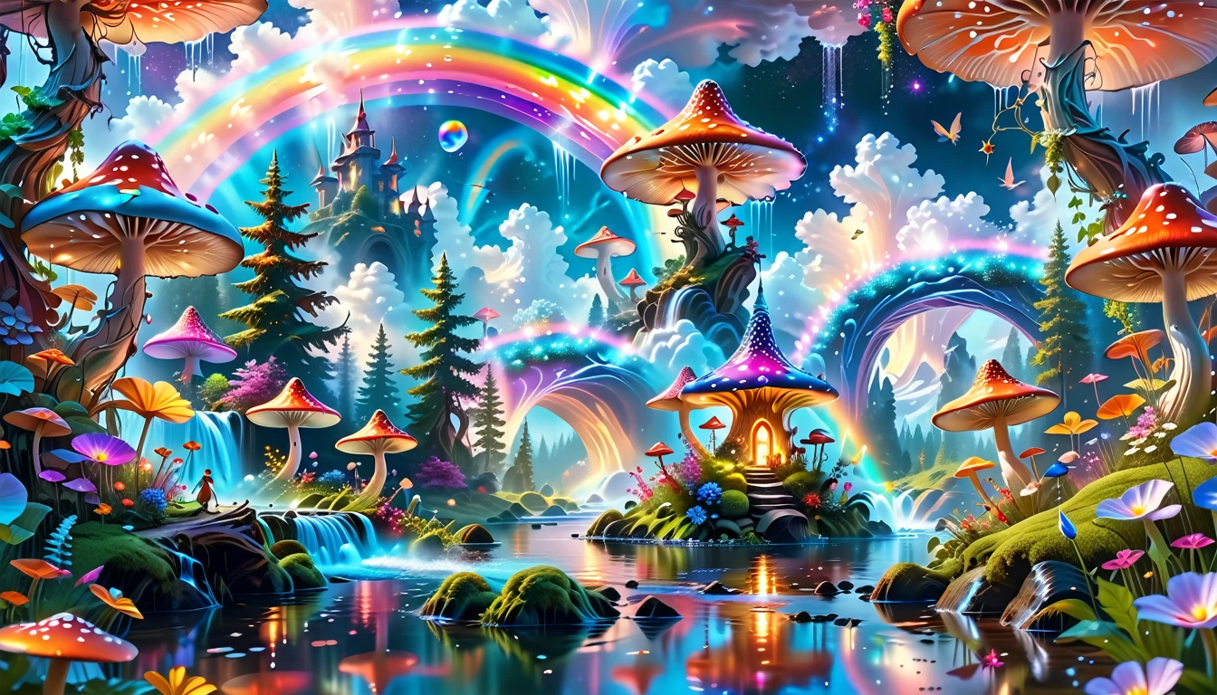 A Masterpiece In 32K Resolution, Supreme Quality, Super-Detailed, Official Art. A Dreamlike Fantasy Landscape, Where Giant Mushrooms Tower Over A Sparkling Stream. Colorful Fairies Dance Among The Flowers, And A Rainbow Arches Across The Sky, Adding To The Enchantment Of This Magical Realm. A Dragon Weaves Between The Mushrooms, Adding A Touch Of Whimsy To The Scene. The Entire Scene Is Bathed In A Cold, Ethereal Glow.