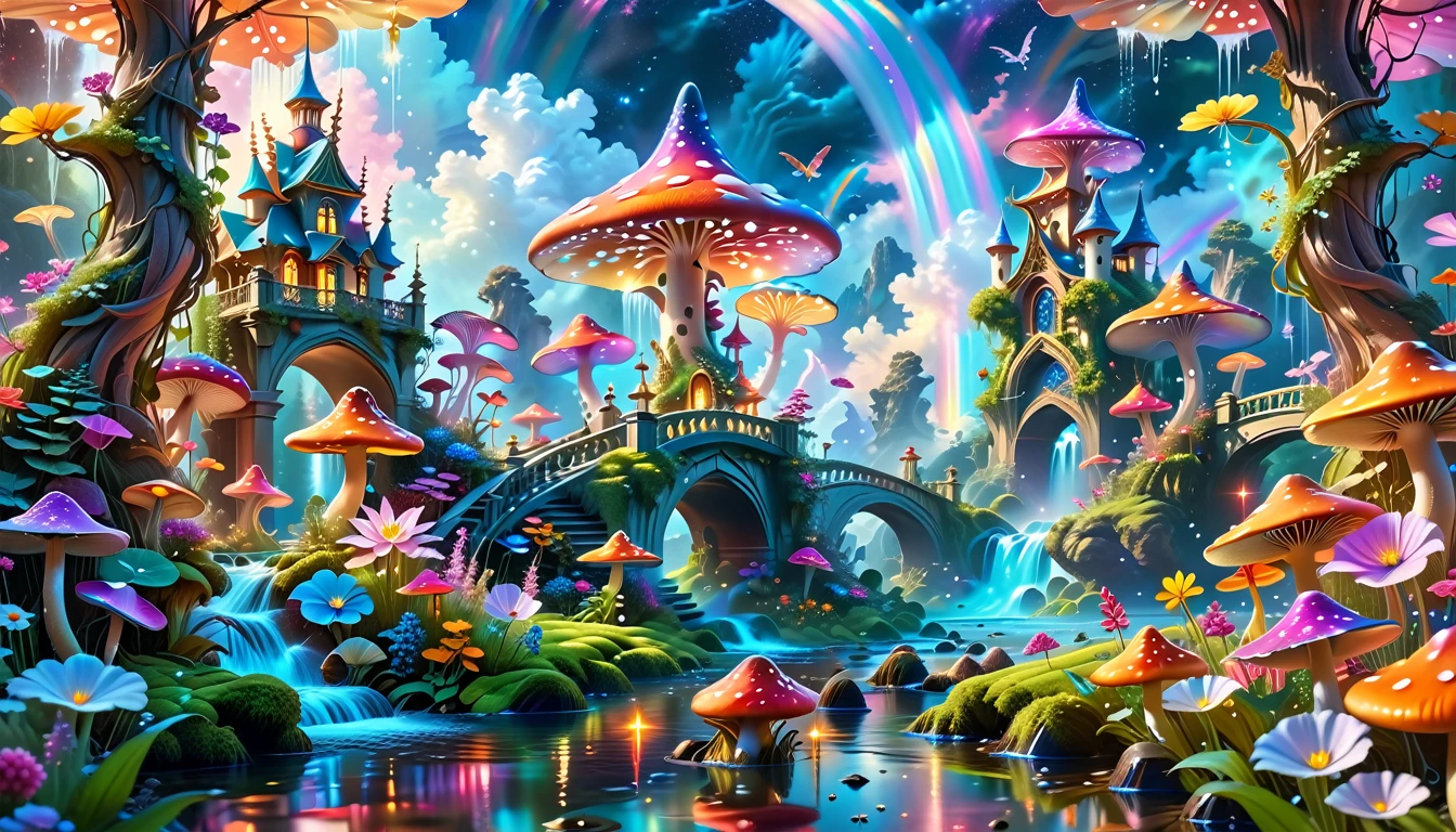 A Masterpiece In 32K Resolution, Supreme Quality, Super-Detailed, Official Art. A Dreamlike Fantasy Landscape, Where Giant Mushrooms Tower Over A Sparkling Stream. Colorful Fairies Dance Among The Flowers, And A Rainbow Arches Across The Sky, Adding To The Enchantment Of This Magical Realm. A Dragon Weaves Between The Mushrooms, Adding A Touch Of Whimsy To The Scene. The Entire Scene Is Bathed In A Cold, Ethereal Glow.