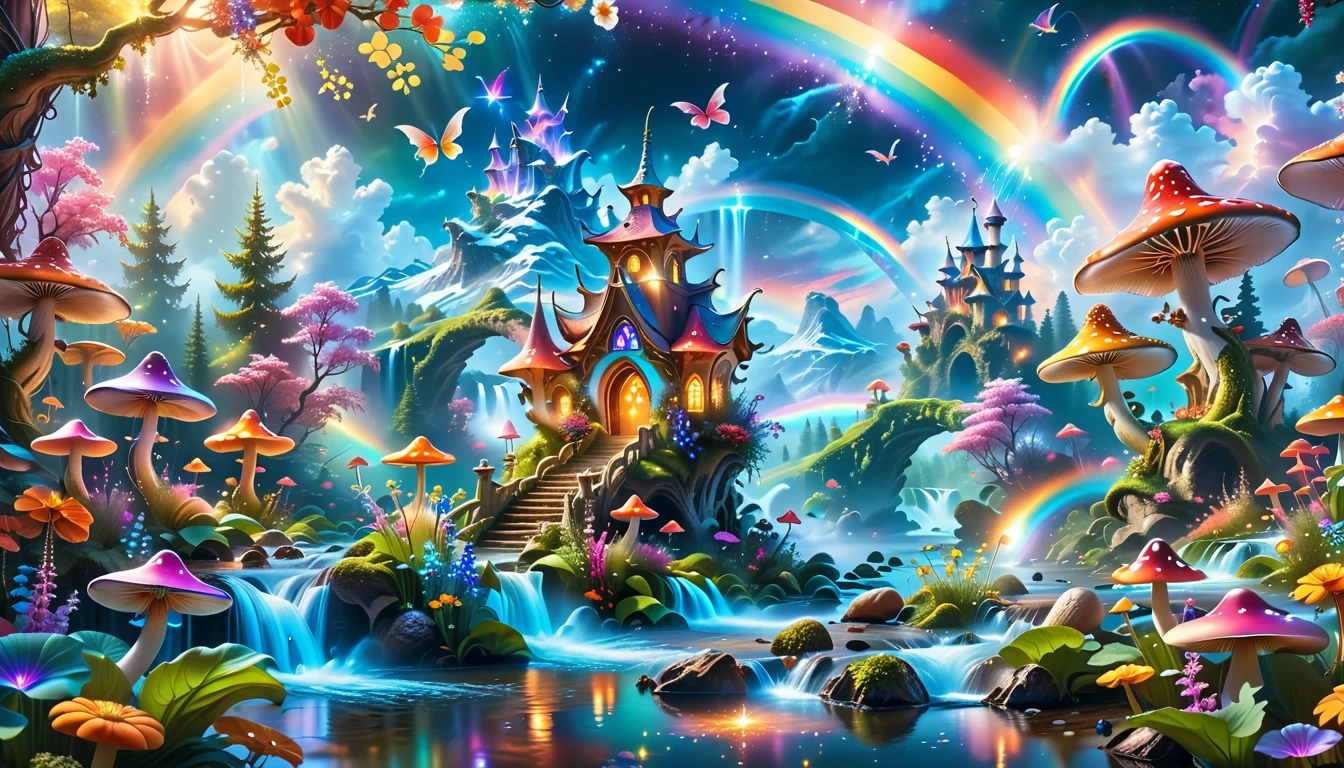 A Masterpiece In 32K Resolution, Supreme Quality, Super-Detailed, Official Art. A Dreamlike Fantasy Landscape, Where Giant Mushrooms Tower Over A Sparkling Stream. Colorful Fairies Dance Among The Flowers, And A Rainbow Arches Across The Sky, Adding To The Enchantment Of This Magical Realm. A Dragon Weaves Between The Mushrooms, Adding A Touch Of Whimsy To The Scene. The Entire Scene Is Bathed In A Cold, Ethereal Glow.