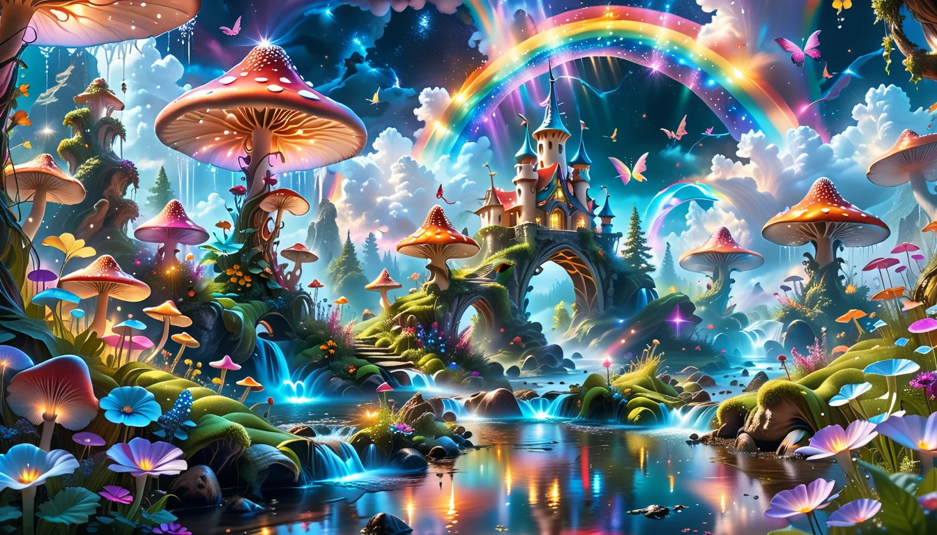 A Masterpiece In 32K Resolution, Supreme Quality, Super-Detailed, Official Art. A Dreamlike Fantasy Landscape, Where Giant Mushrooms Tower Over A Sparkling Stream. Colorful Fairies Dance Among The Flowers, And A Rainbow Arches Across The Sky, Adding To The Enchantment Of This Magical Realm. A Dragon Weaves Between The Mushrooms, Adding A Touch Of Whimsy To The Scene. The Entire Scene Is Bathed In A Cold, Ethereal Glow.