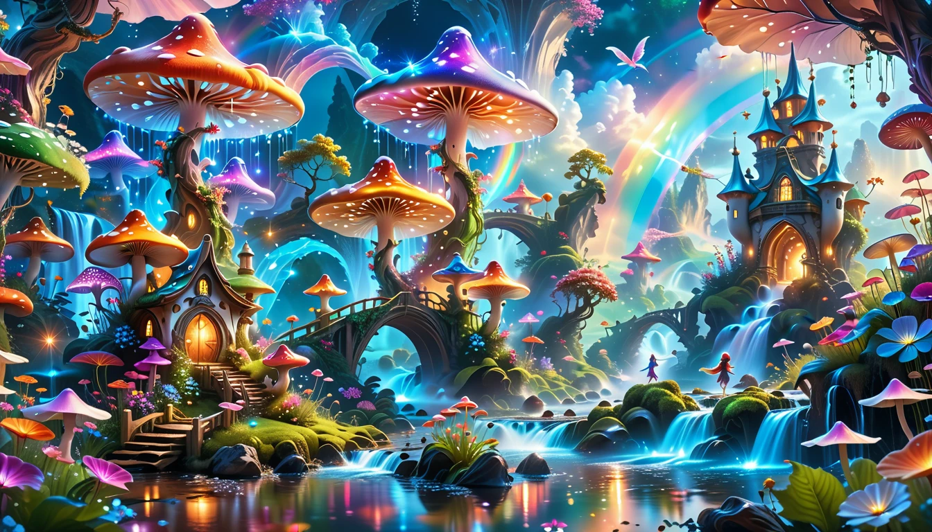 A Masterpiece In 32K Resolution, Supreme Quality, Super-Detailed, Official Art. A Dreamlike Fantasy Landscape, Where Giant Mushrooms Tower Over A Sparkling Stream. Colorful Fairies Dance Among The Flowers, And A Rainbow Arches Across The Sky, Adding To The Enchantment Of This Magical Realm. A Dragon Weaves Between The Mushrooms, Adding A Touch Of Whimsy To The Scene. The Entire Scene Is Bathed In A Cold, Ethereal Glow.