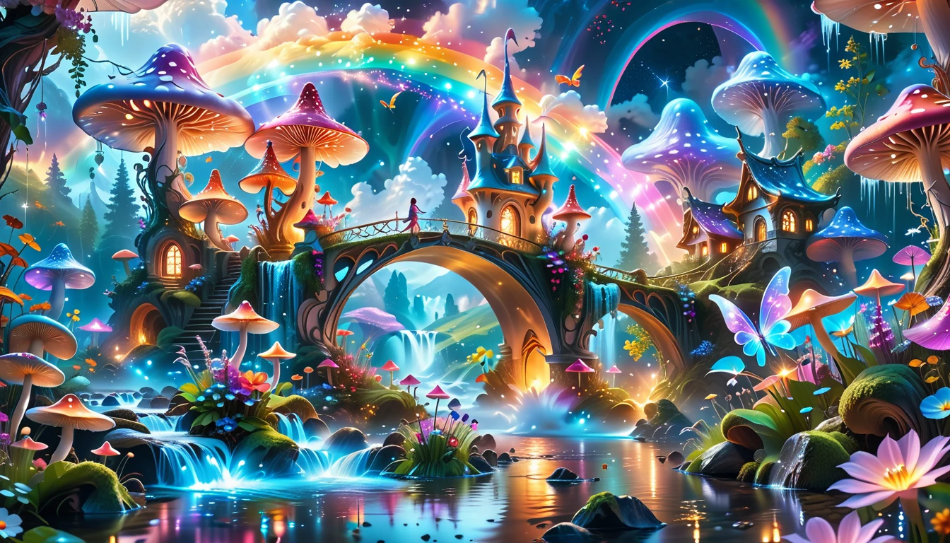 A Masterpiece In 32K Resolution, Supreme Quality, Super-Detailed, Official Art. A Dreamlike Fantasy Landscape, Where Giant Mushrooms Tower Over A Sparkling Stream. Colorful Fairies Dance Among The Flowers, And A Rainbow Arches Across The Sky, Adding To The Enchantment Of This Magical Realm. A Dragon Weaves Between The Mushrooms, Adding A Touch Of Whimsy To The Scene. The Entire Scene Is Bathed In A Cold, Ethereal Glow.