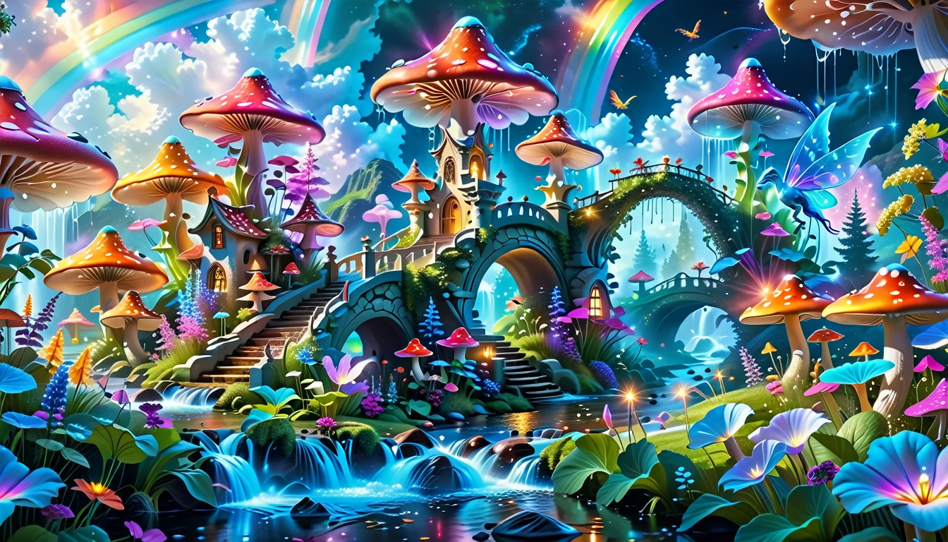 A Masterpiece In 32K Resolution, Supreme Quality, Super-Detailed, Official Art. A Dreamlike Fantasy Landscape, Where Giant Mushrooms Tower Over A Sparkling Stream. Colorful Fairies Dance Among The Flowers, And A Rainbow Arches Across The Sky, Adding To The Enchantment Of This Magical Realm. A Dragon Weaves Between The Mushrooms, Adding A Touch Of Whimsy To The Scene. The Entire Scene Is Bathed In A Cold, Ethereal Glow.