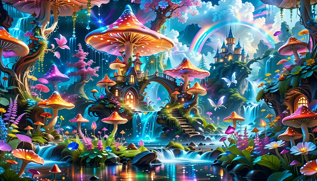 A Masterpiece In 32K Resolution, Supreme Quality, Super-Detailed, Official Art. A Dreamlike Fantasy Landscape, Where Giant Mushrooms Tower Over A Sparkling Stream. Colorful Fairies Dance Among The Flowers, And A Rainbow Arches Across The Sky, Adding To The Enchantment Of This Magical Realm. A Dragon Weaves Between The Mushrooms, Adding A Touch Of Whimsy To The Scene. The Entire Scene Is Bathed In A Cold, Ethereal Glow.