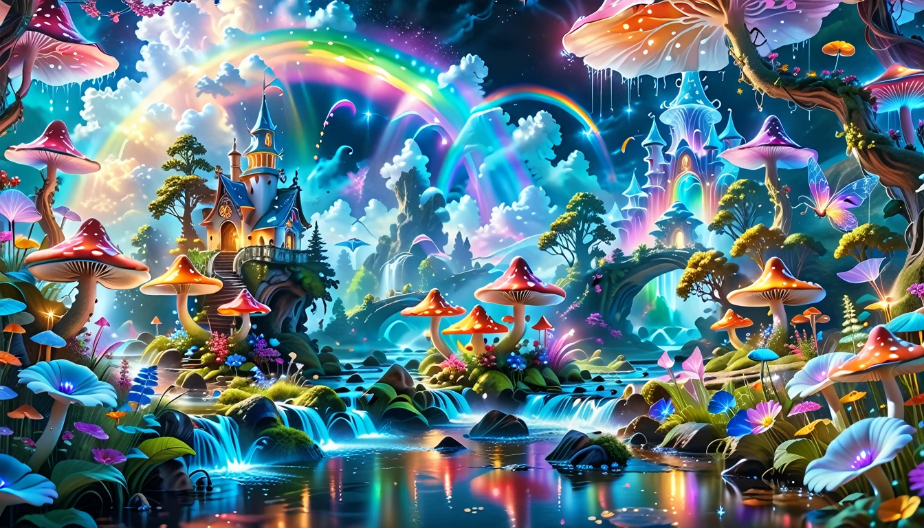 A Masterpiece In 32K Resolution, Supreme Quality, Super-Detailed, Official Art. A Dreamlike Fantasy Landscape, Where Giant Mushrooms Tower Over A Sparkling Stream. Colorful Fairies Dance Among The Flowers, And A Rainbow Arches Across The Sky, Adding To The Enchantment Of This Magical Realm. A Dragon Weaves Between The Mushrooms, Adding A Touch Of Whimsy To The Scene. The Entire Scene Is Bathed In A Cold, Ethereal Glow.