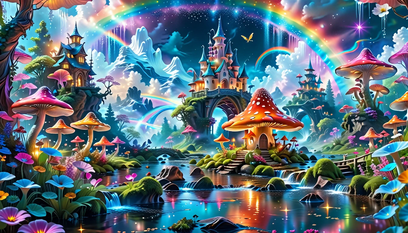 A Masterpiece In 32K Resolution, Supreme Quality, Super-Detailed, Official Art. A Dreamlike Fantasy Landscape, Where Giant Mushrooms Tower Over A Sparkling Stream. Colorful Fairies Dance Among The Flowers, And A Rainbow Arches Across The Sky, Adding To The Enchantment Of This Magical Realm. A Dragon Weaves Between The Mushrooms, Adding A Touch Of Whimsy To The Scene. The Entire Scene Is Bathed In A Cold, Ethereal Glow.