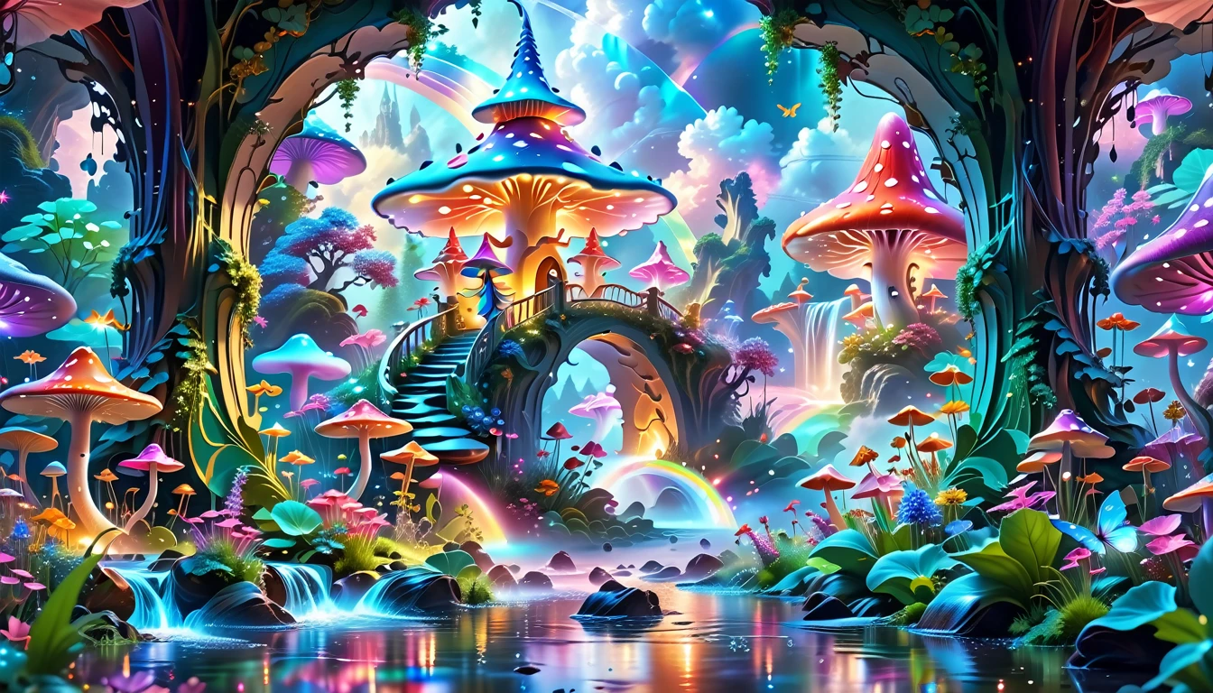 A Masterpiece In 32K Resolution, Supreme Quality, Super-Detailed, Official Art. A Dreamlike Fantasy Landscape, Where Giant Mushrooms Tower Over A Sparkling Stream. Colorful Fairies Dance Among The Flowers, And A Rainbow Arches Across The Sky, Adding To The Enchantment Of This Magical Realm. A Dragon Weaves Between The Mushrooms, Adding A Touch Of Whimsy To The Scene. The Entire Scene Is Bathed In A Cold, Ethereal Glow.