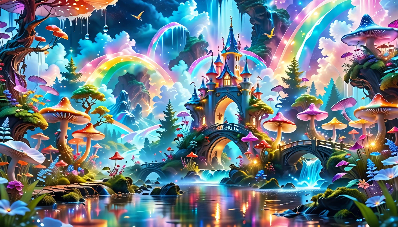 A Masterpiece In 32K Resolution, Supreme Quality, Super-Detailed, Official Art. A Dreamlike Fantasy Landscape, Where Giant Mushrooms Tower Over A Sparkling Stream. Colorful Fairies Dance Among The Flowers, And A Rainbow Arches Across The Sky, Adding To The Enchantment Of This Magical Realm. A Dragon Weaves Between The Mushrooms, Adding A Touch Of Whimsy To The Scene. The Entire Scene Is Bathed In A Cold, Ethereal Glow.