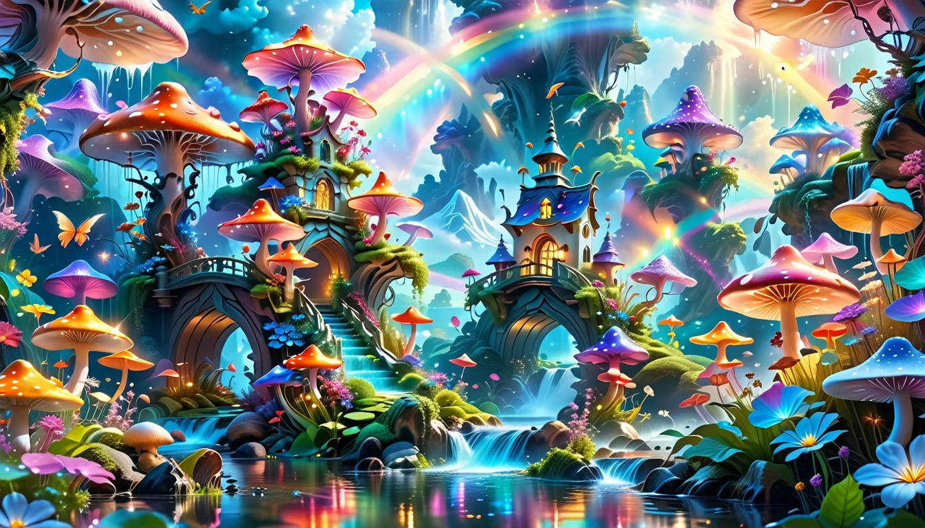 A Masterpiece In 32K Resolution, Supreme Quality, Super-Detailed, Official Art. A Dreamlike Fantasy Landscape, Where Giant Mushrooms Tower Over A Sparkling Stream. Colorful Fairies Dance Among The Flowers, And A Rainbow Arches Across The Sky, Adding To The Enchantment Of This Magical Realm. A Dragon Weaves Between The Mushrooms, Adding A Touch Of Whimsy To The Scene. The Entire Scene Is Bathed In A Cold, Ethereal Glow.