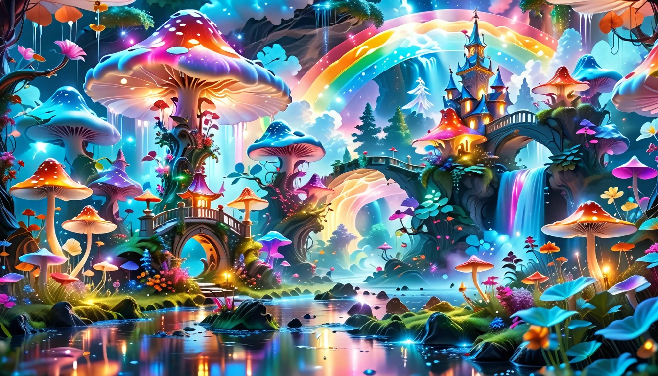 A Masterpiece In 32K Resolution, Supreme Quality, Super-Detailed, Official Art. A Dreamlike Fantasy Landscape, Where Giant Mushrooms Tower Over A Sparkling Stream. Colorful Fairies Dance Among The Flowers, And A Rainbow Arches Across The Sky, Adding To The Enchantment Of This Magical Realm. A Dragon Weaves Between The Mushrooms, Adding A Touch Of Whimsy To The Scene. The Entire Scene Is Bathed In A Cold, Ethereal Glow.