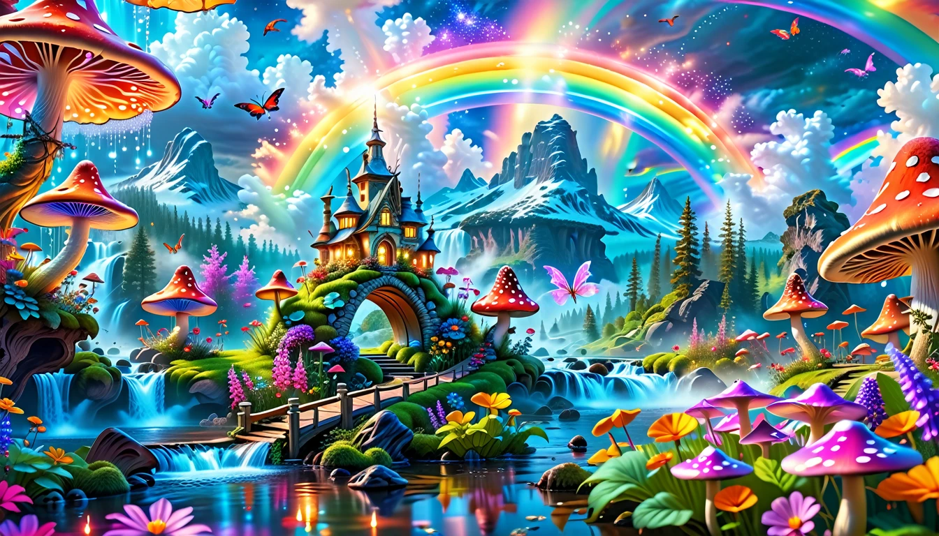 A Masterpiece In 32K Resolution, Supreme Quality, Super-Detailed, Official Art. A Dreamlike Fantasy Landscape, Where Giant Mushrooms Tower Over A Sparkling Stream. Colorful Fairies Dance Among The Flowers, And A Rainbow Arches Across The Sky, Adding To The Enchantment Of This Magical Realm. A Dragon Weaves Between The Mushrooms, Adding A Touch Of Whimsy To The Scene. The Entire Scene Is Bathed In A Cold, Ethereal Glow.