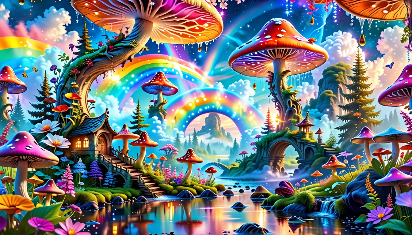 A Masterpiece In 32K Resolution, Supreme Quality, Super-Detailed, Official Art. A Dreamlike Fantasy Landscape, Where Giant Mushrooms Tower Over A Sparkling Stream. Colorful Fairies Dance Among The Flowers, And A Rainbow Arches Across The Sky, Adding To The Enchantment Of This Magical Realm. A Dragon Weaves Between The Mushrooms, Adding A Touch Of Whimsy To The Scene. The Entire Scene Is Bathed In A Cold, Ethereal Glow.