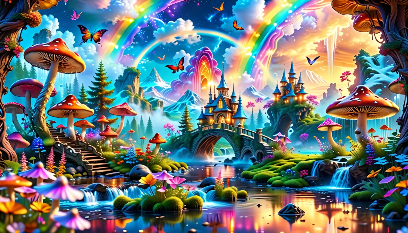 A Masterpiece In 32K Resolution, Supreme Quality, Super-Detailed, Official Art. A Dreamlike Fantasy Landscape, Where Giant Mushrooms Tower Over A Sparkling Stream. Colorful Fairies Dance Among The Flowers, And A Rainbow Arches Across The Sky, Adding To The Enchantment Of This Magical Realm. A Dragon Weaves Between The Mushrooms, Adding A Touch Of Whimsy To The Scene. The Entire Scene Is Bathed In A Cold, Ethereal Glow.