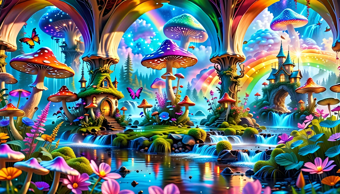 A Masterpiece In 32K Resolution, Supreme Quality, Super-Detailed, Official Art. A Dreamlike Fantasy Landscape, Where Giant Mushrooms Tower Over A Sparkling Stream. Colorful Fairies Dance Among The Flowers, And A Rainbow Arches Across The Sky, Adding To The Enchantment Of This Magical Realm. A Dragon Weaves Between The Mushrooms, Adding A Touch Of Whimsy To The Scene. The Entire Scene Is Bathed In A Cold, Ethereal Glow.