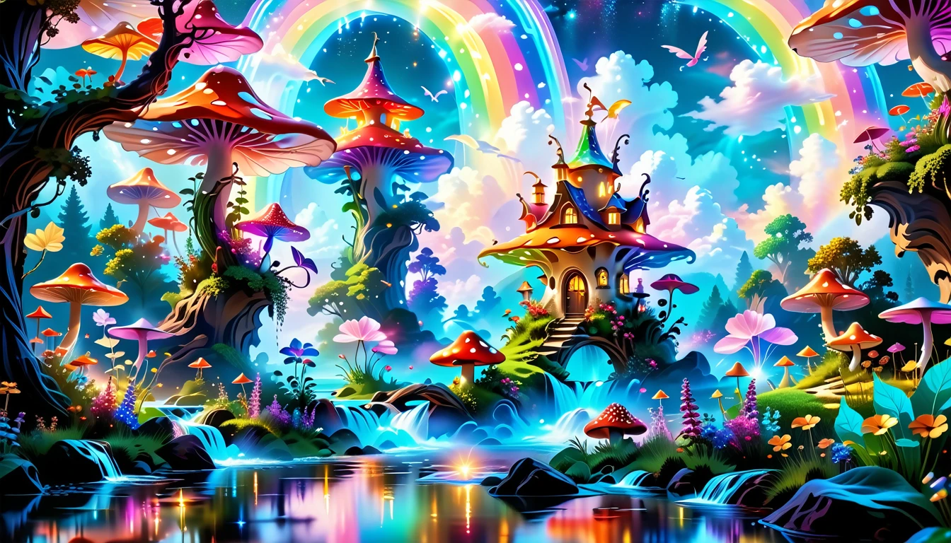 A Masterpiece In 32K Resolution, Supreme Quality, Super-Detailed, Official Art. A Dreamlike Fantasy Landscape, Where Giant Mushrooms Tower Over A Sparkling Stream. Colorful Fairies Dance Among The Flowers, And A Rainbow Arches Across The Sky, Adding To The Enchantment Of This Magical Realm. A Dragon Weaves Between The Mushrooms, Adding A Touch Of Whimsy To The Scene. The Entire Scene Is Bathed In A Cold, Ethereal Glow.