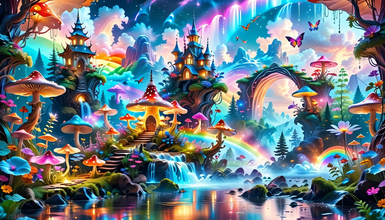 A Masterpiece In 32K Resolution, Supreme Quality, Super-Detailed, Official Art. A Dreamlike Fantasy Landscape, Where Giant Mushrooms Tower Over A Sparkling Stream. Colorful Fairies Dance Among The Flowers, And A Rainbow Arches Across The Sky, Adding To The Enchantment Of This Magical Realm. A Dragon Weaves Between The Mushrooms, Adding A Touch Of Whimsy To The Scene. The Entire Scene Is Bathed In A Cold, Ethereal Glow.