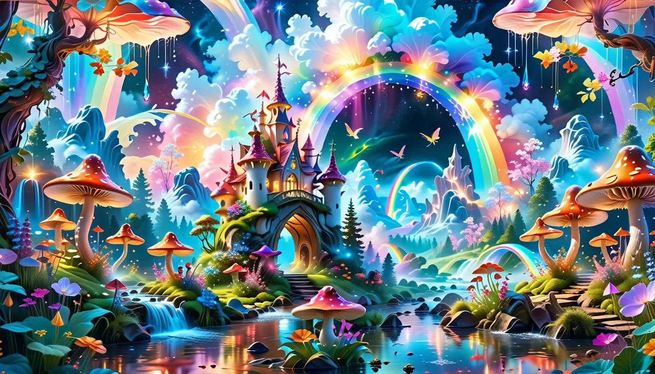 A Masterpiece In 32K Resolution, Supreme Quality, Super-Detailed, Official Art. A Dreamlike Fantasy Landscape, Where Giant Mushrooms Tower Over A Sparkling Stream. Colorful Fairies Dance Among The Flowers, And A Rainbow Arches Across The Sky, Adding To The Enchantment Of This Magical Realm. A Dragon Weaves Between The Mushrooms, Adding A Touch Of Whimsy To The Scene. The Entire Scene Is Bathed In A Cold, Ethereal Glow.