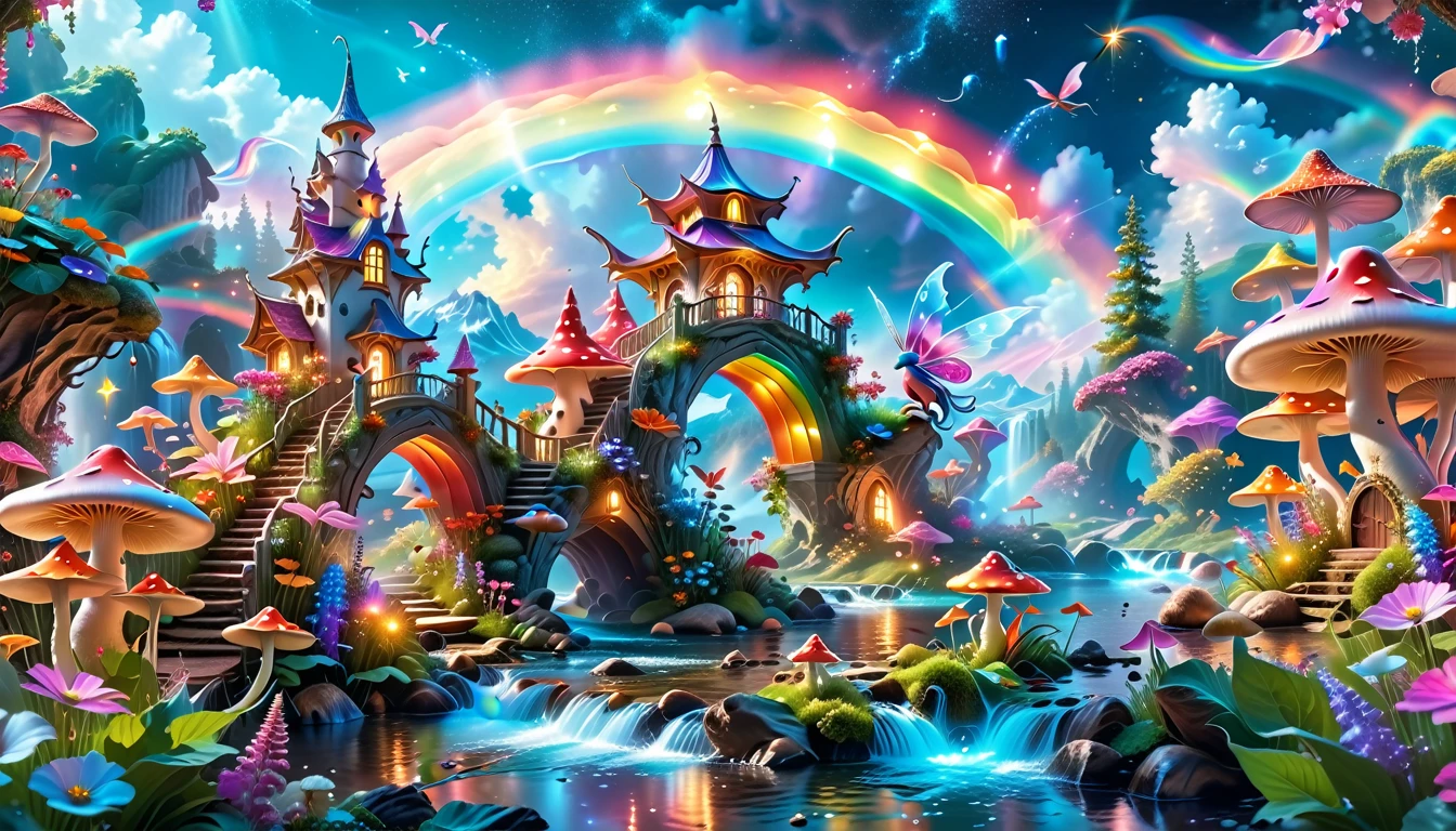 A Masterpiece In 32K Resolution, Supreme Quality, Super-Detailed, Official Art. A Dreamlike Fantasy Landscape, Where Giant Mushrooms Tower Over A Sparkling Stream. Colorful Fairies Dance Among The Flowers, And A Rainbow Arches Across The Sky, Adding To The Enchantment Of This Magical Realm. A Dragon Weaves Between The Mushrooms, Adding A Touch Of Whimsy To The Scene. The Entire Scene Is Bathed In A Cold, Ethereal Glow.