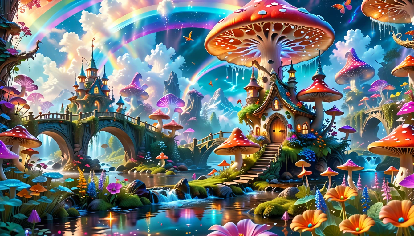 A Masterpiece In 32K Resolution, Supreme Quality, Super-Detailed, Official Art. A Dreamlike Fantasy Landscape, Where Giant Mushrooms Tower Over A Sparkling Stream. Colorful Fairies Dance Among The Flowers, And A Rainbow Arches Across The Sky, Adding To The Enchantment Of This Magical Realm. A Dragon Weaves Between The Mushrooms, Adding A Touch Of Whimsy To The Scene. The Entire Scene Is Bathed In A Cold, Ethereal Glow.