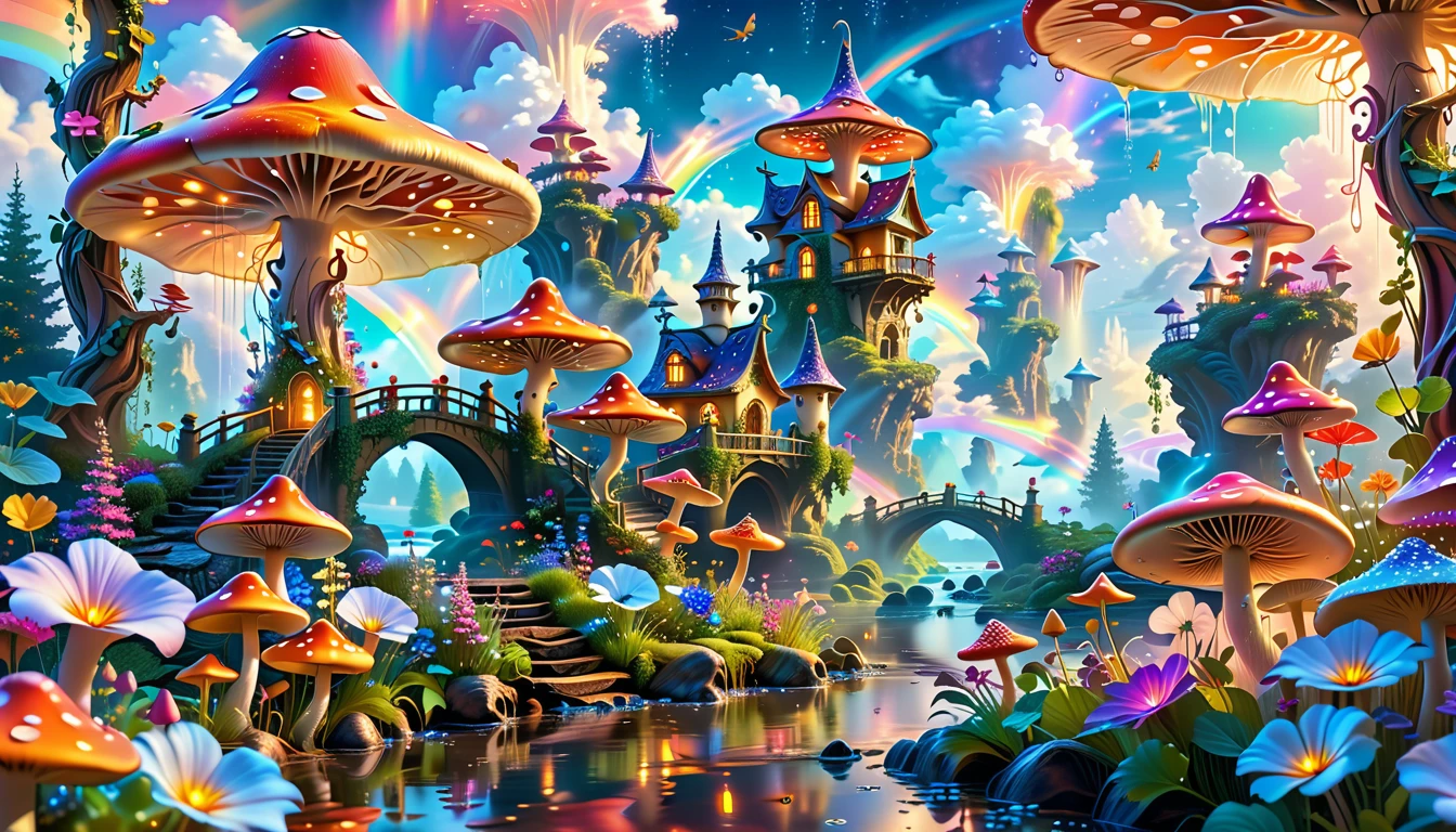 A Masterpiece In 32K Resolution, Supreme Quality, Super-Detailed, Official Art. A Dreamlike Fantasy Landscape, Where Giant Mushrooms Tower Over A Sparkling Stream. Colorful Fairies Dance Among The Flowers, And A Rainbow Arches Across The Sky, Adding To The Enchantment Of This Magical Realm. A Dragon Weaves Between The Mushrooms, Adding A Touch Of Whimsy To The Scene. The Entire Scene Is Bathed In A Cold, Ethereal Glow.