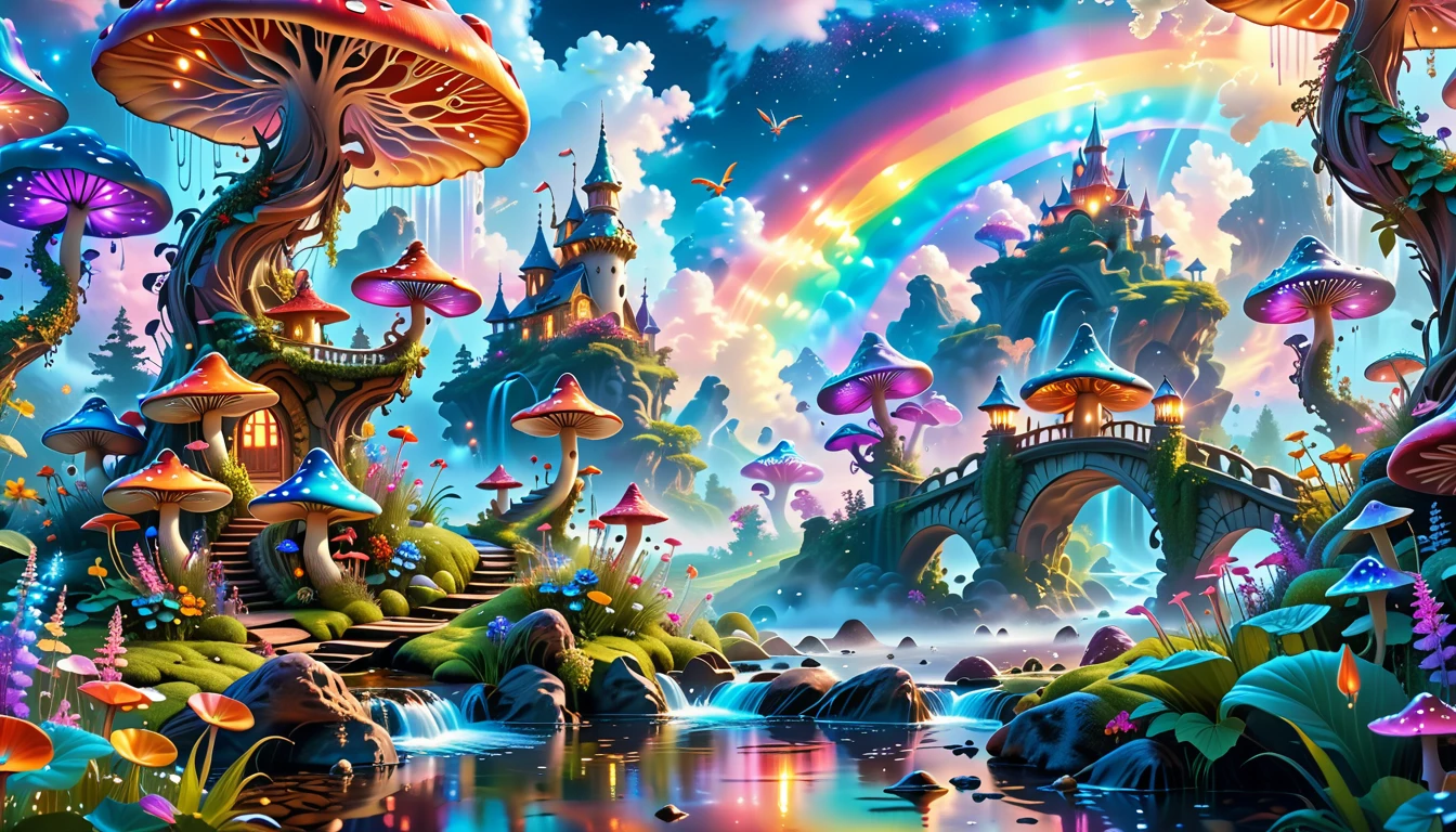 A Masterpiece In 32K Resolution, Supreme Quality, Super-Detailed, Official Art. A Dreamlike Fantasy Landscape, Where Giant Mushrooms Tower Over A Sparkling Stream. Colorful Fairies Dance Among The Flowers, And A Rainbow Arches Across The Sky, Adding To The Enchantment Of This Magical Realm. A Dragon Weaves Between The Mushrooms, Adding A Touch Of Whimsy To The Scene. The Entire Scene Is Bathed In A Cold, Ethereal Glow.