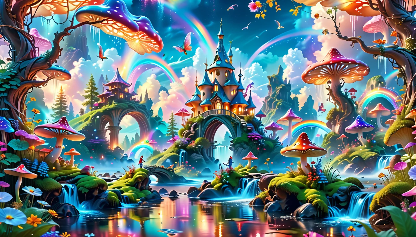 A Masterpiece In 32K Resolution, Supreme Quality, Super-Detailed, Official Art. A Dreamlike Fantasy Landscape, Where Giant Mushrooms Tower Over A Sparkling Stream. Colorful Fairies Dance Among The Flowers, And A Rainbow Arches Across The Sky, Adding To The Enchantment Of This Magical Realm. A Dragon Weaves Between The Mushrooms, Adding A Touch Of Whimsy To The Scene. The Entire Scene Is Bathed In A Cold, Ethereal Glow.