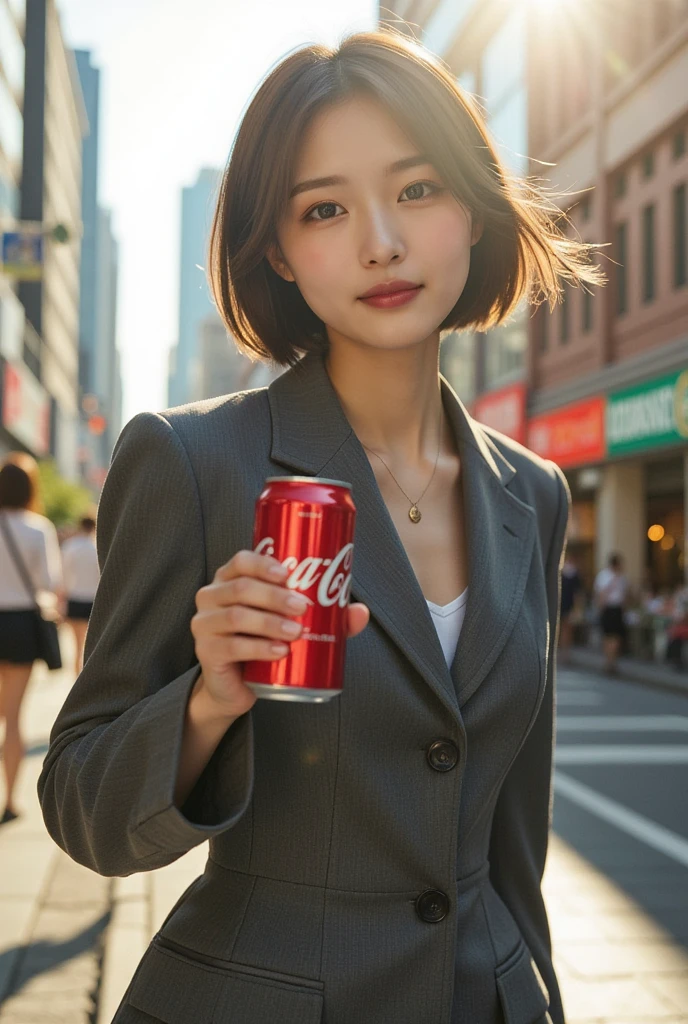 Dressed, Ultra-realistic,  very beautiful office lady , extreme close up:1.21,  Japanese Fashion Model , Dramatic Scene, 1 scene from the commercial , masterpiece, smile,  Perfect Anatomy:1.21, Small head:1.21, Slender body:1.37, Narrow waist:1.5, Thin limbs:1.5,  flat chest:1.5, Anatomically correct limbs,  gray business suit :1.21, Slim pants:1.21,  white business shirt :1.21, Brown Hair, Bob Cut Hair, Hair blowing in the wind, Walking through the business district, A city street full of sunlight , ( holding up a Coca Cola can in her hand:1.1),  detailed description of Coca Cola , Perfect composition, Proper placement, Cinema Lighting,