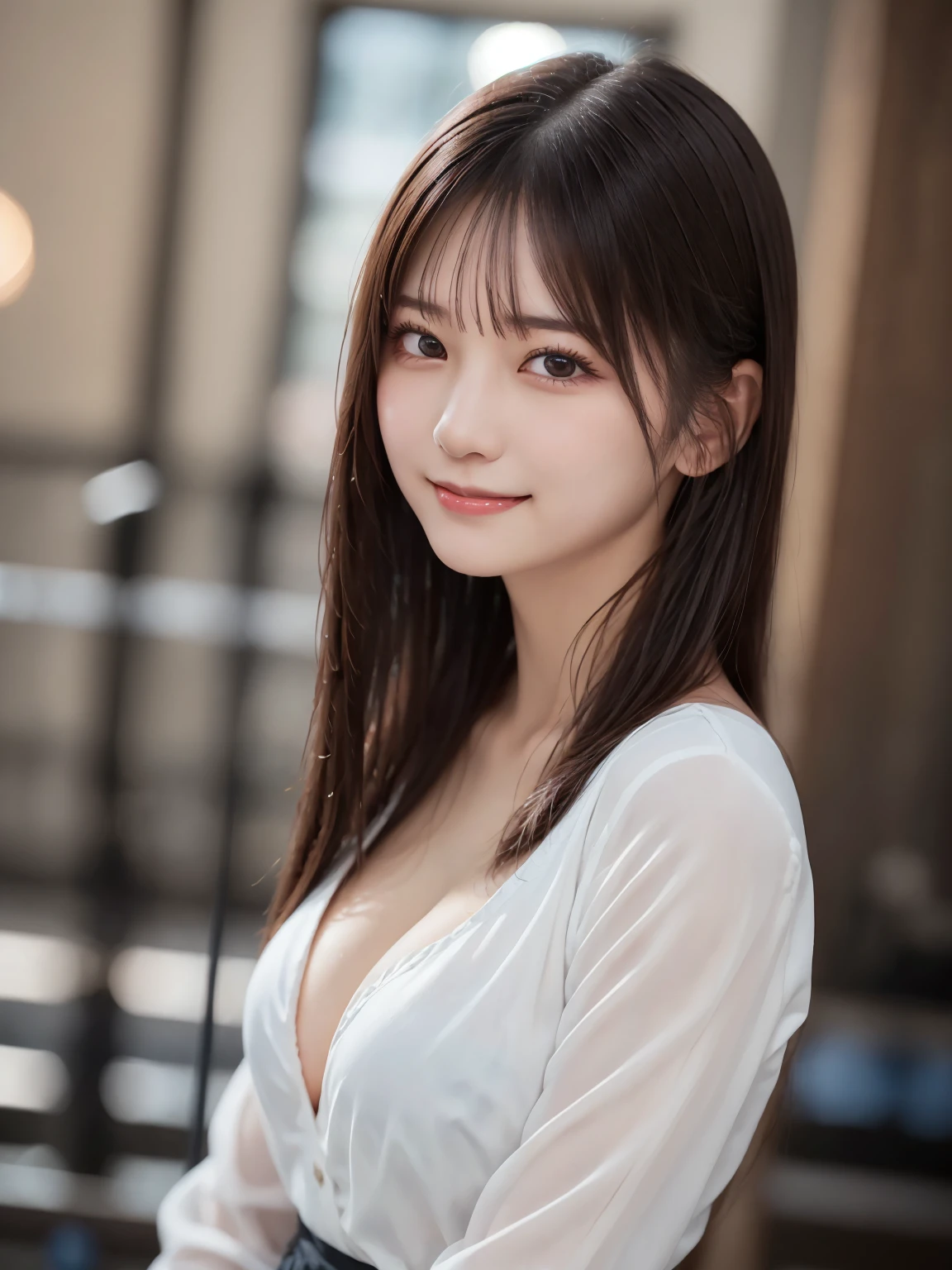 White Shirt、Complex and beautiful eyes, woman, (stand up : 2.0)、Womanly black hair、(Delicate and realistic hair、1 bottle１Realistic hair)、bangs, Natural Color Lip、(Smile with closed mouth : 1.5)、(White indoor : 1.4)、((18歳woman:1.2))、Young and adorable Japanese face, Official Art, Highly detailed CG Unity 8k wallpaper，（masterpiece:1.0),(Best Quality:1.0), 超High resolution,4K,Very detailed, photo shoot, 8k, nsfw, High resolution, Kodak Portrait 400, Film Grain, Lens flare glow, 高いest quality, 8k ,Portrait Shot, 8k、Show Viewer,  (Front View : 1.5), ((Facing))、Body facing forward, Bold cleavage, Firm breasts, Small face, Highest quality, Super beautiful images, yellow race, (upper body : 2.0), (Medium firm breasts : 1.1)