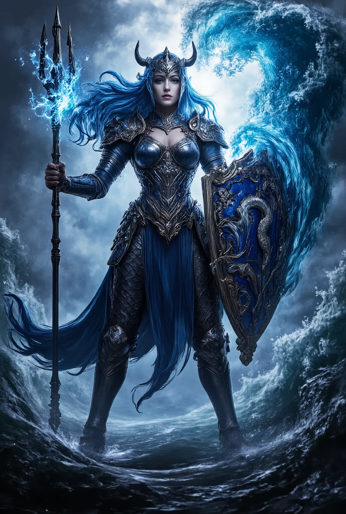 8k uhd digital painting, the paladin goddess, stands victorious amidst turbulent waters. dark iron and scale armor glisten in a ...